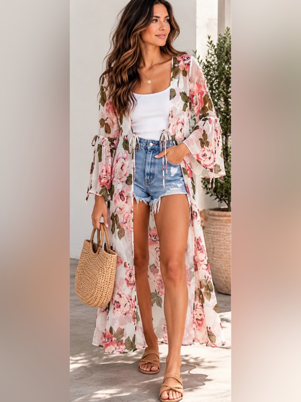 Band of Gypsies XS Floral Sheer Maxi Kimono Duster Bell Sleeve Boho Rose